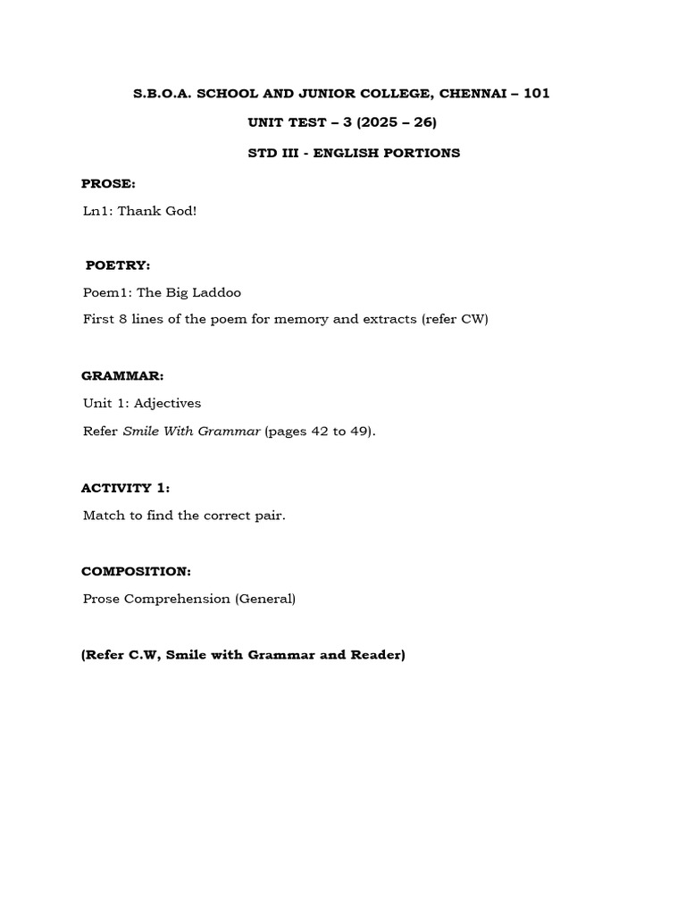 STD 3 ENGLISH - UT 3 | PDF