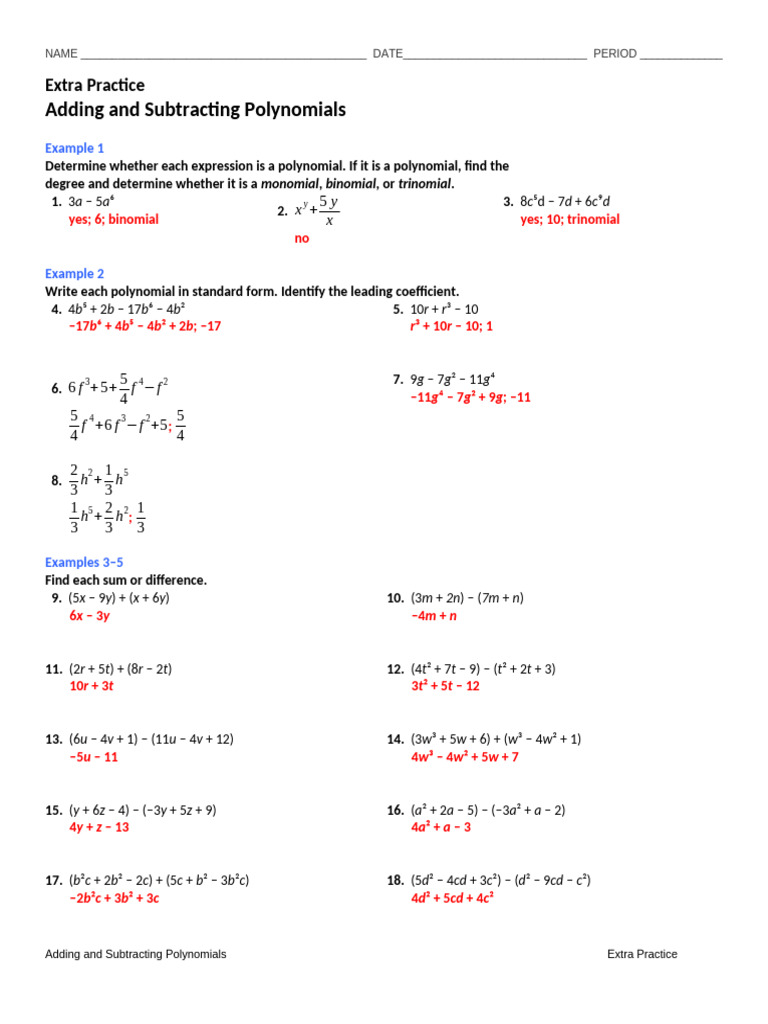 Adding and Subtracting Polynomials Practice | PDF | Mathematics Of ...