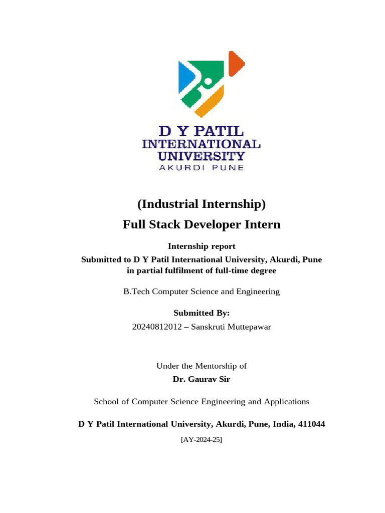 Full Stack Developer Internship Report | PDF | Databases | User Interface