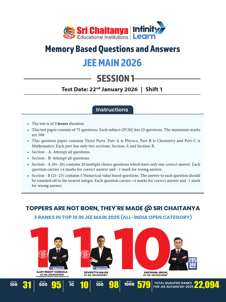 JEE Main 2026 Memory-Based Questions | PDF | Electron | Electronvolt