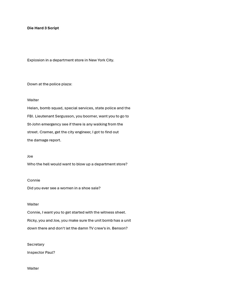 Die Hard 3 Script Excerpt: NYC Bomb Threat | PDF