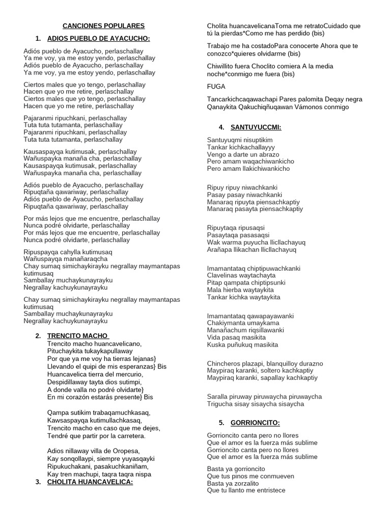 Canciones Populares de Ayacucho y Huancavelica | PDF | Amor ...