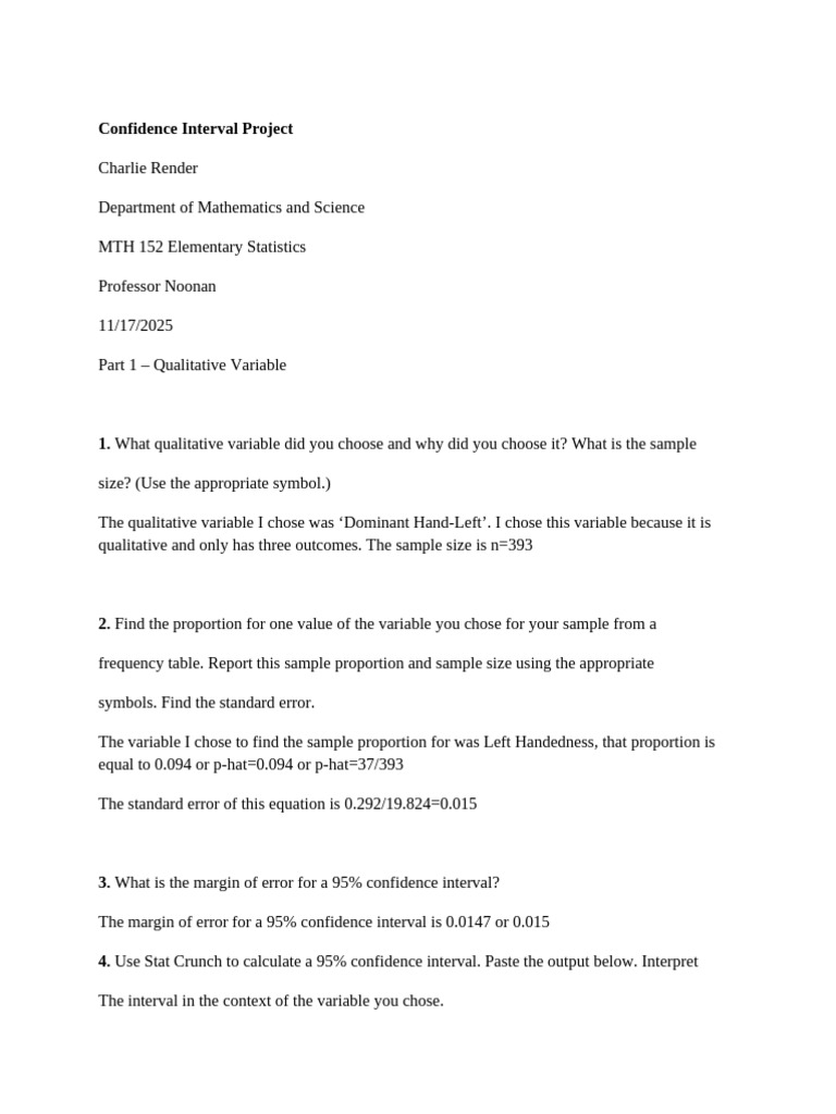 Confidence Intervals for Handedness and Stress | PDF | Sample Size ...