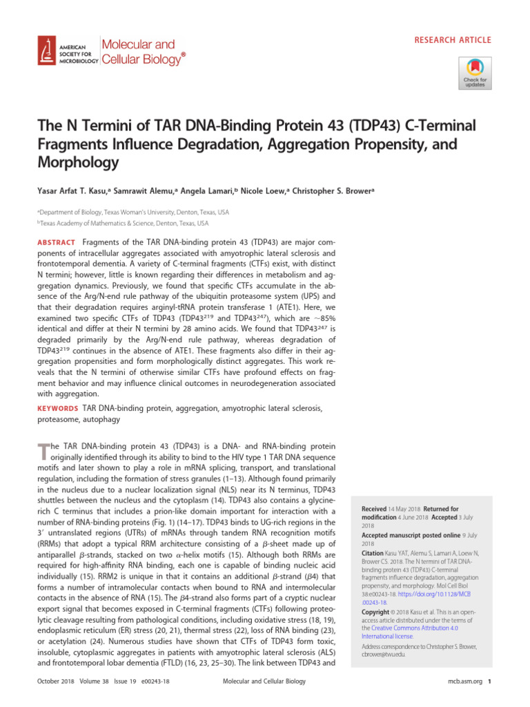 The N Termini of TAR DNA-Binding Protein 43 (TDP43) C-Terminal ...