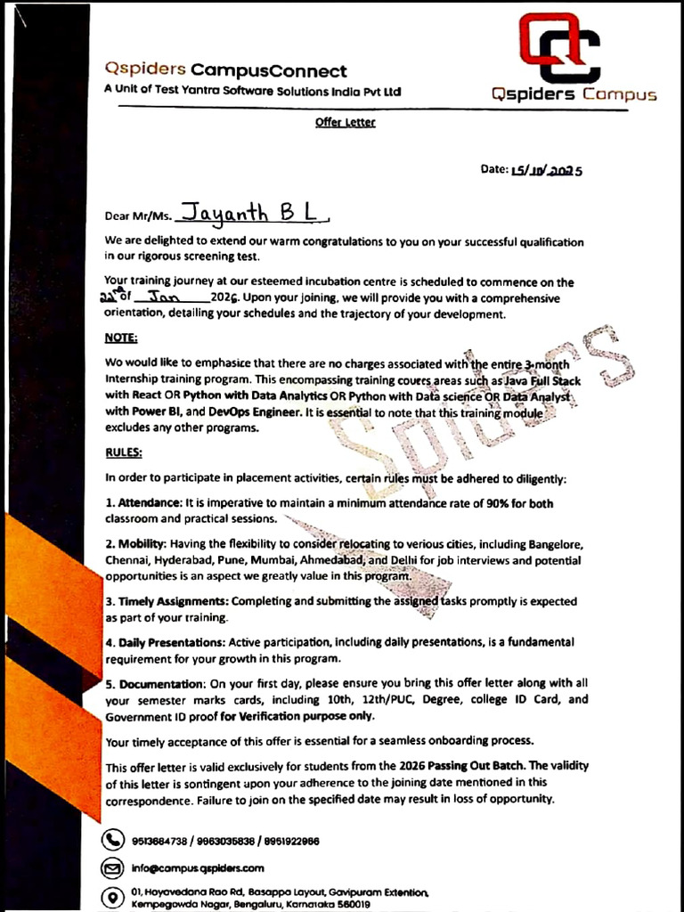 Qspiders Internship Offer Letter 2026 | PDF