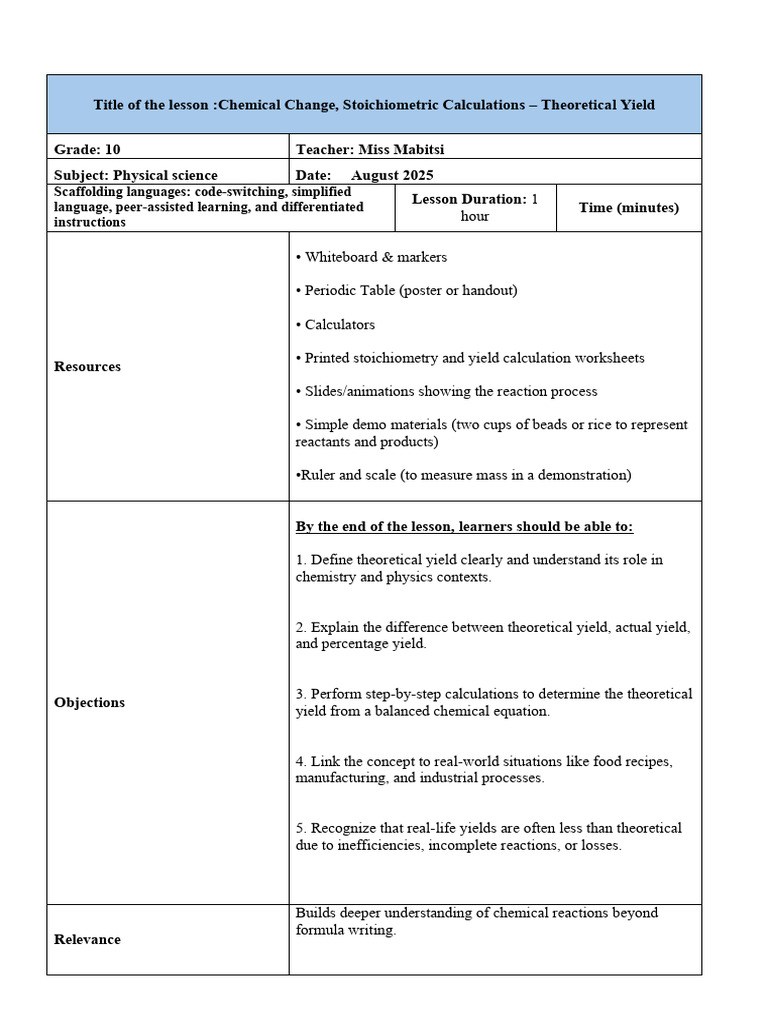 Theoretical Yield in Chemical Reactions | PDF | Stoichiometry | Mole (Unit)