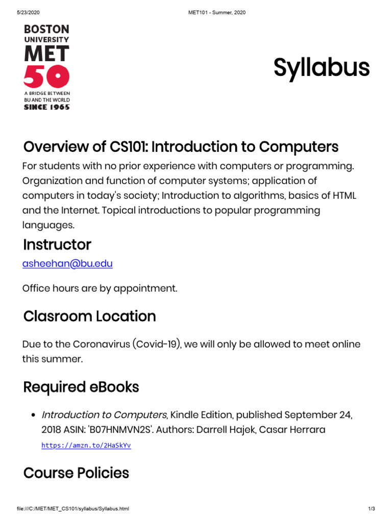 MET-CS-101-2020-Sheehan Syllabus | PDF | World Wide Web | Internet & Web