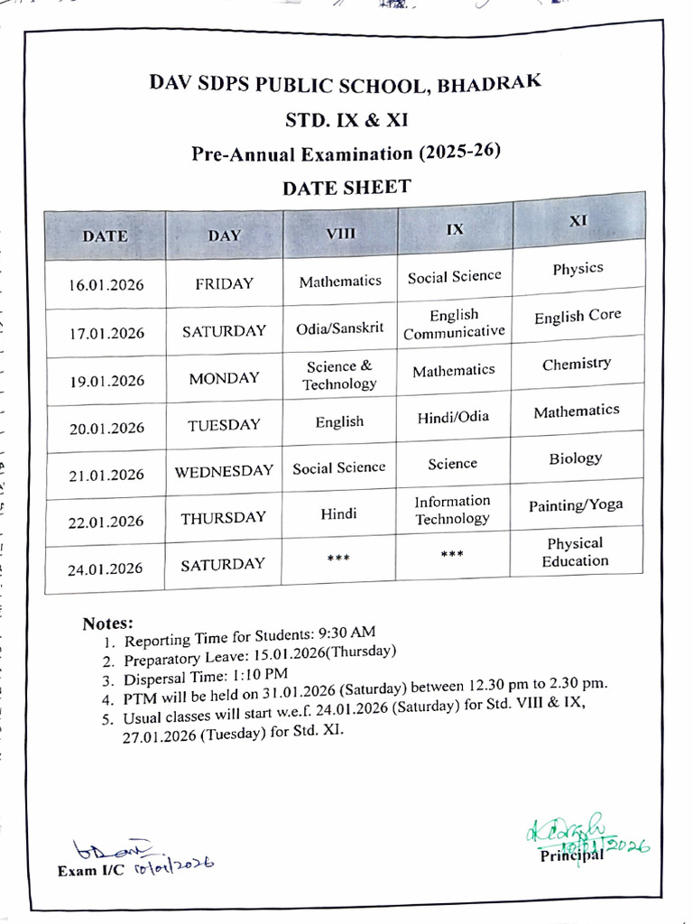 Pre Annual Exam Date Sheet VIII ,IX & XI 2025-26 | PDF