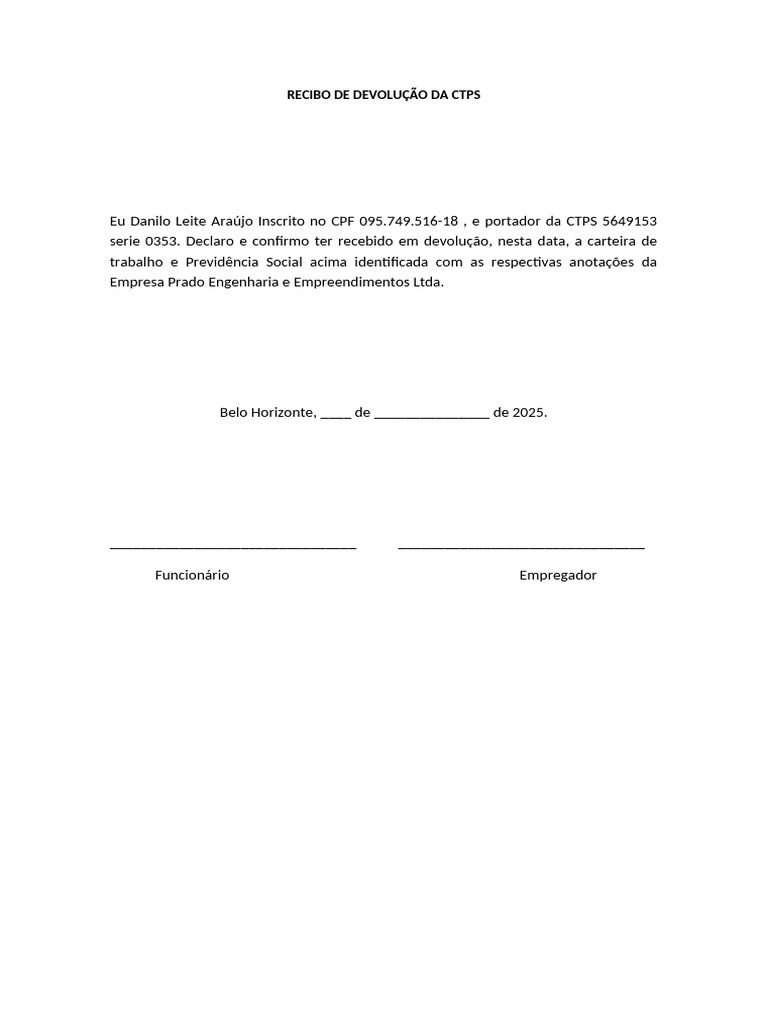 Recibo de Devolução da CTPS | PDF