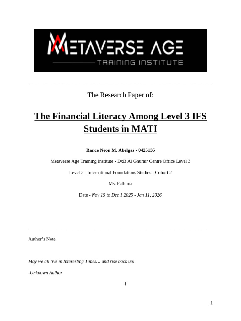 Financial Literacy Study of MATI IFS Students | PDF | Survey ...