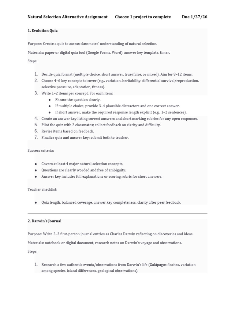 Natural Selection Project Options Guide | PDF | Natural Selection ...