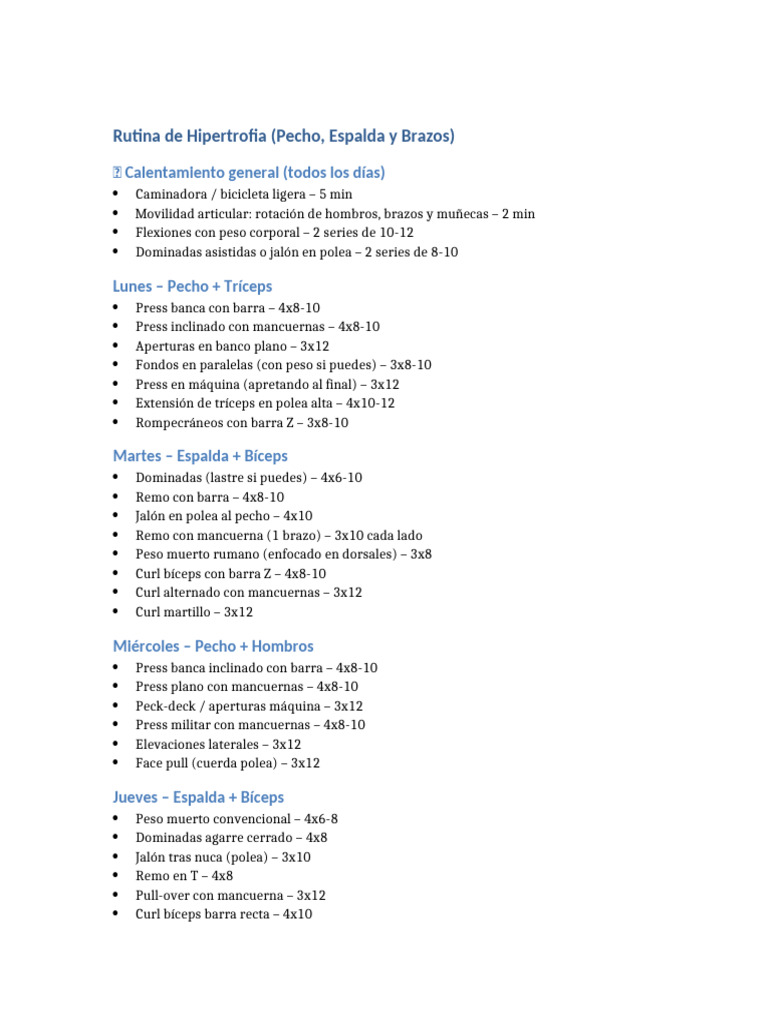 Rutina de Hipertrofia: Pecho, Espalda y Brazos | PDF
