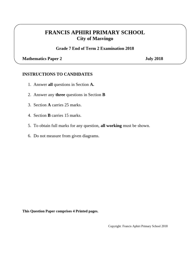 Grade 7 Math Exam Paper 2018 | PDF