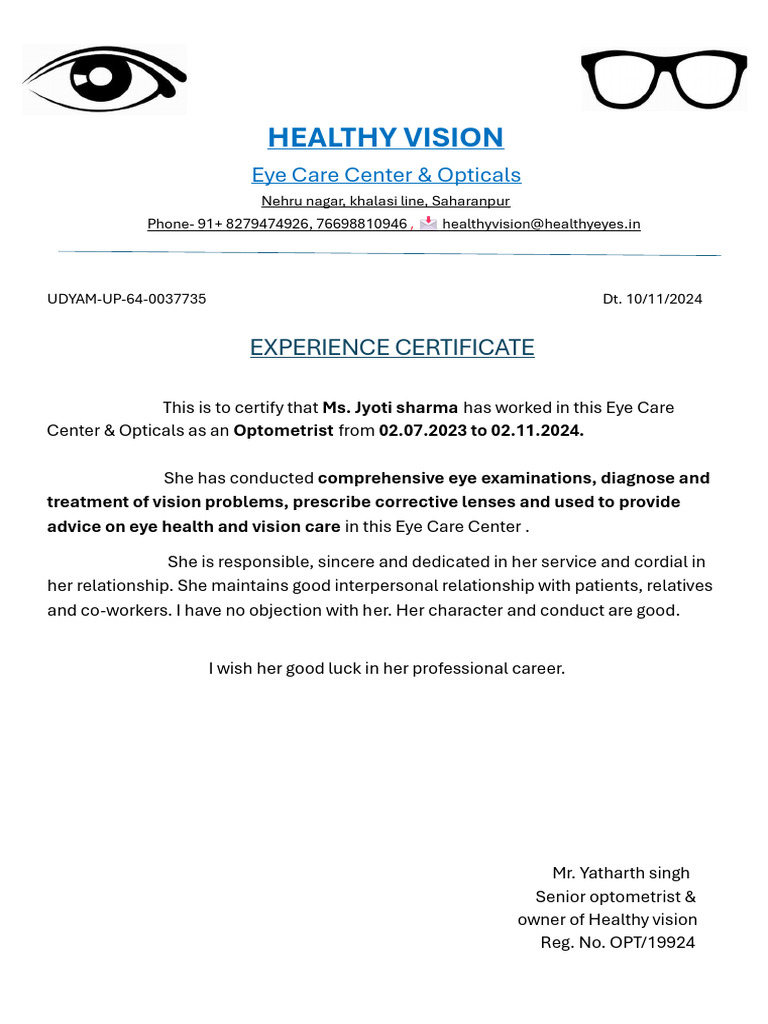 Experience Certificate for Optometrist | PDF
