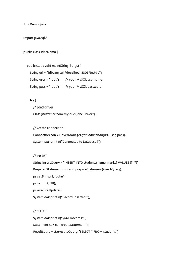 JDBC MySQL Database Operations Demo | PDF