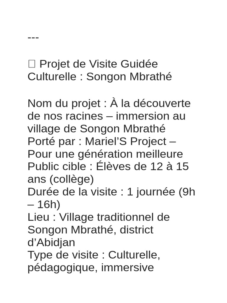 Visite Culturelle au Village de Songon Mbrathé | PDF