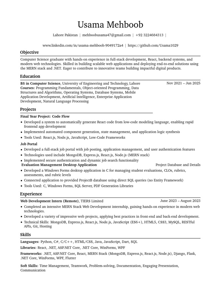 Full-Stack Developer Resume - Usama Mehboob | PDF | Web Development ...