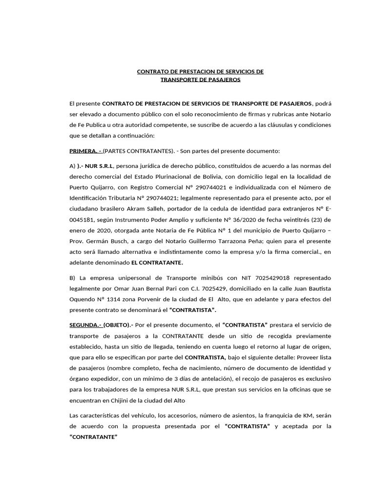 Contrato de Transporte de Pasajeros 2026 | PDF | Transporte