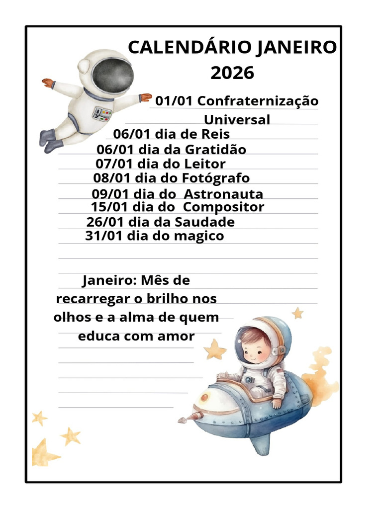 Datas Comemorativas de Janeiro 2026 | PDF