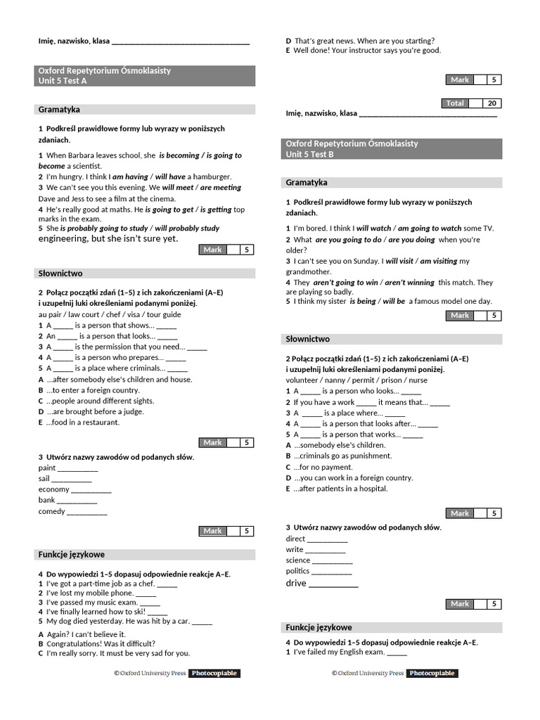 Oxford Repetytorium Ósmoklasisty Unit 5 Test | PDF