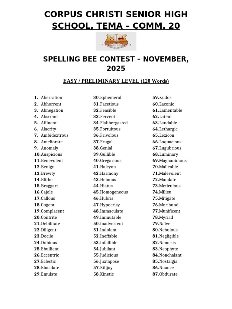 Corpus Christi Spelling Bee 2025 List | PDF