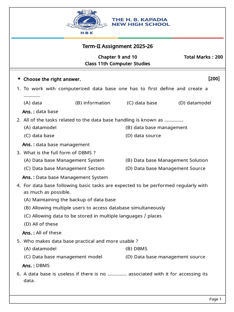 Database Management System Quiz 2025-26 | PDF | Databases | Relational ...