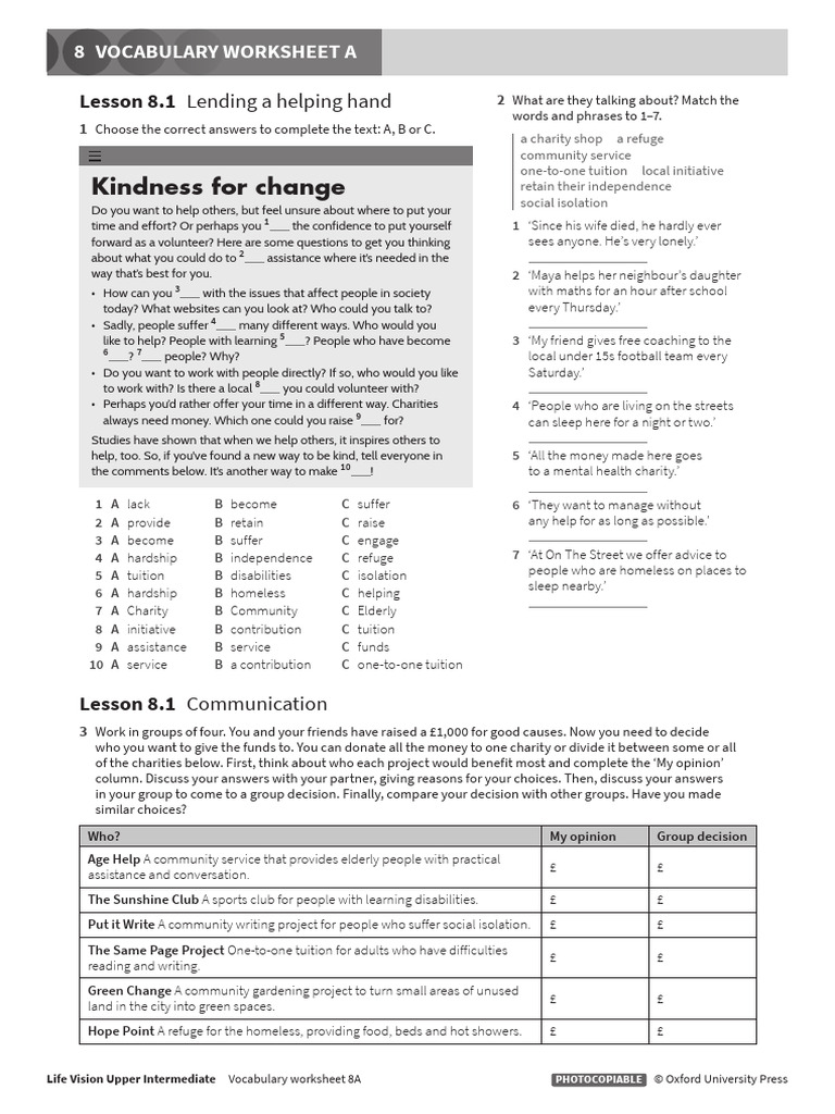 Life Vision Upper Int Vocab Worksheet a U8 | PDF | Homelessness