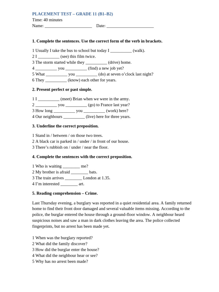 Grade 11 English Placement Test B1-B2 | PDF | Grammar | Syntax