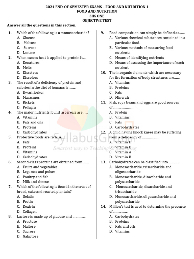 Food and Nutrition Exam Questions 2024 | PDF | Foods | Carbohydrates