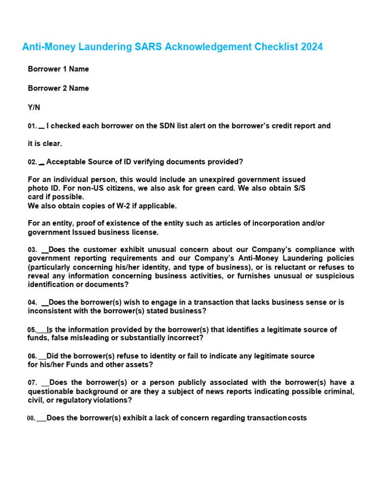 AML Borrower Checklist | PDF | Money Laundering