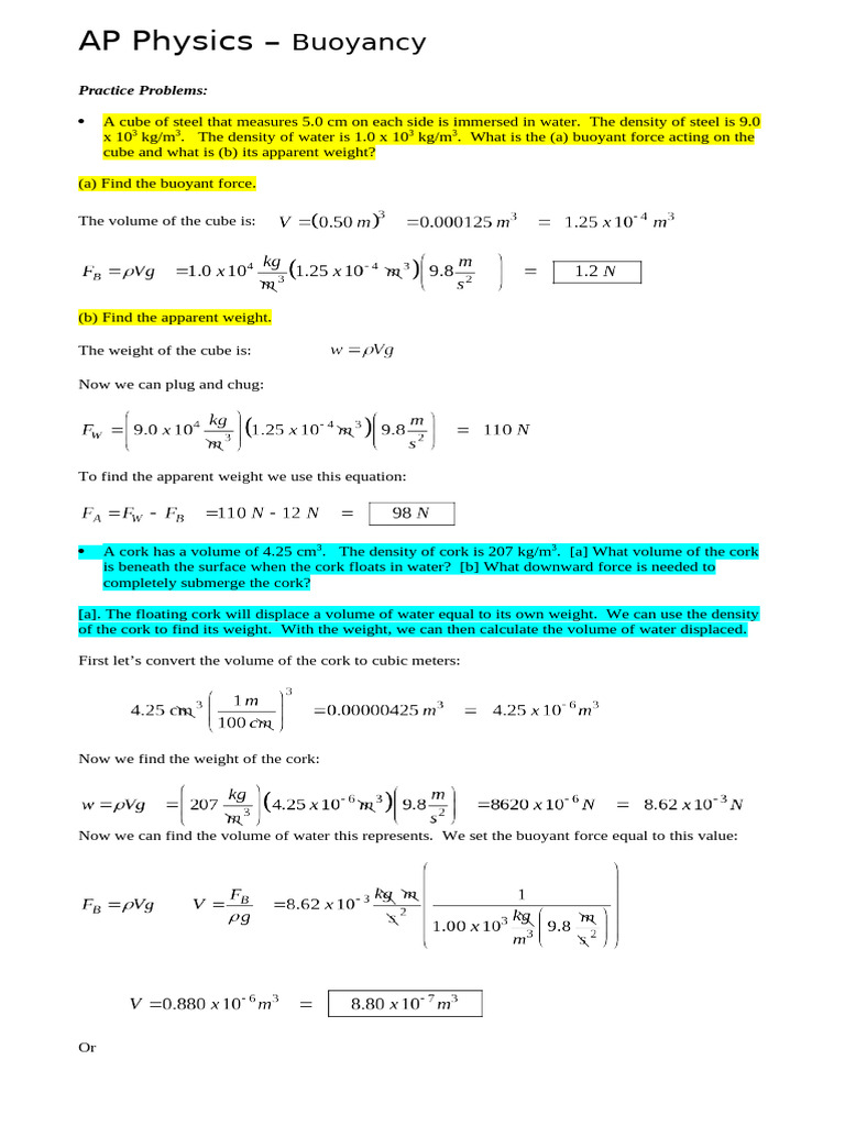 AP Physics Buoyancy Practice Problems | PDF | Buoyancy | Mechanical ...