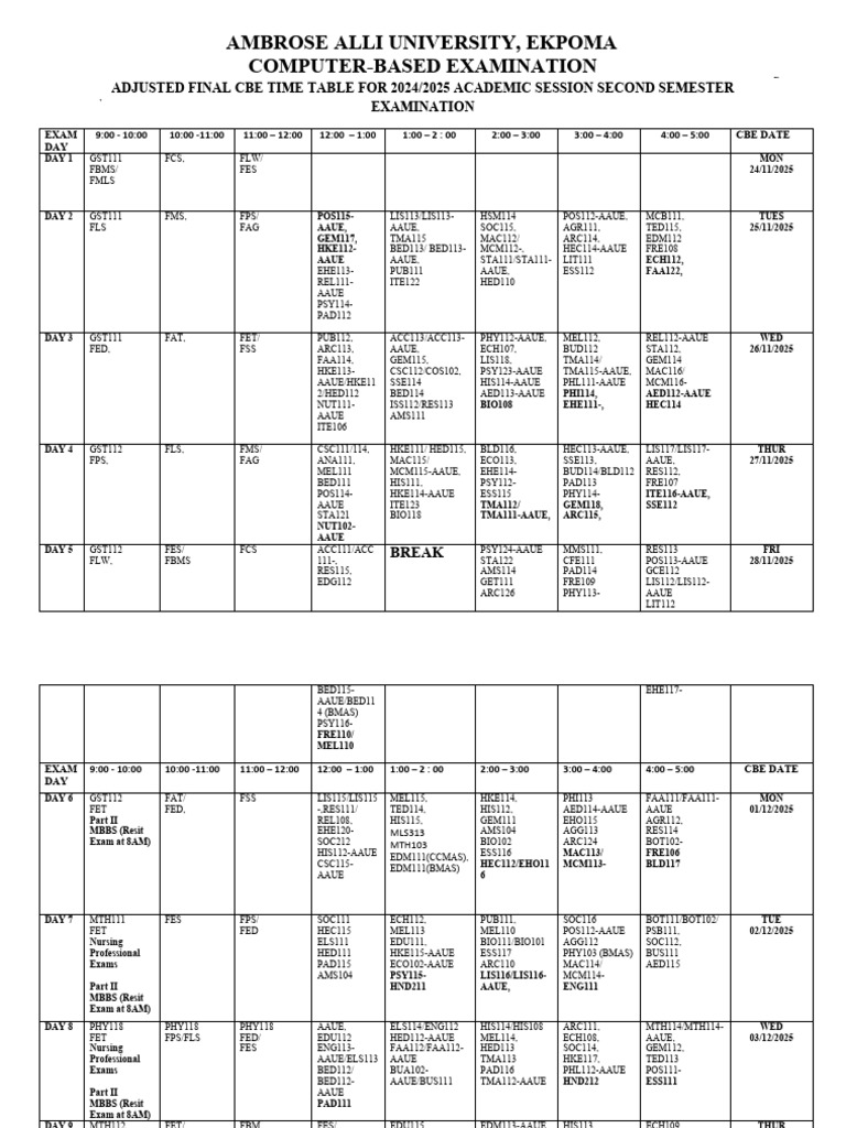 AAU 2024/2025 CBE Exam Timetable | PDF