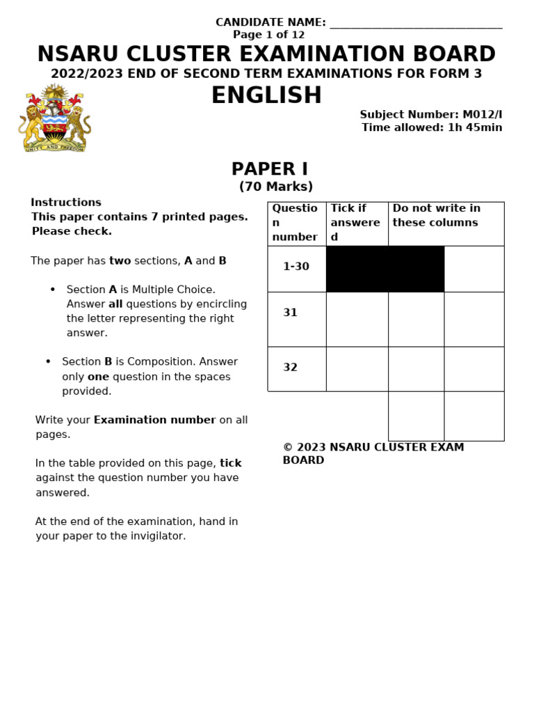 English Form 3 Paper i | PDF | Adverb | Adjective
