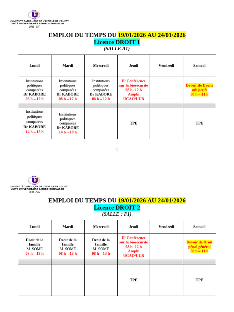 Emploi du temps Licence et Master Droit | PDF