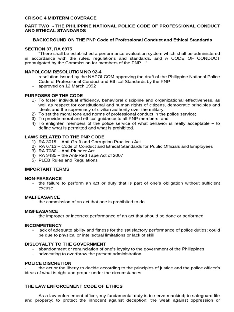 PNP Code of Conduct Overview | PDF | Police | Justice