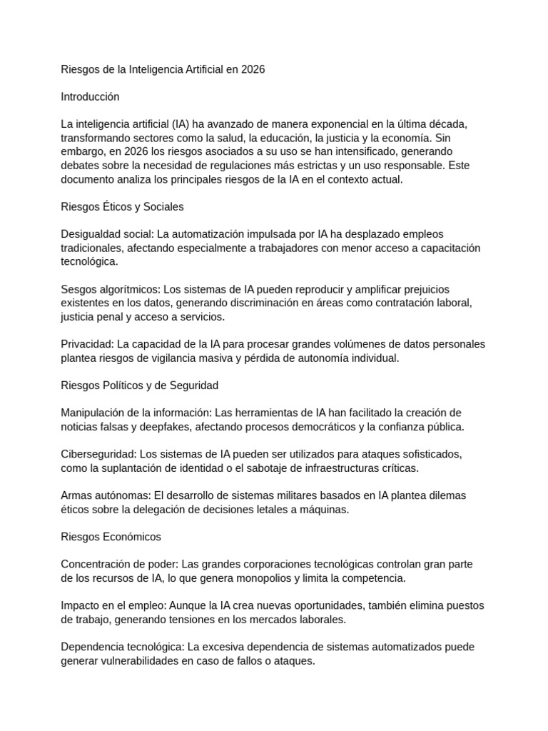Riesgos de la IA en 2026: Desafíos y Ética | PDF | Inteligencia ...