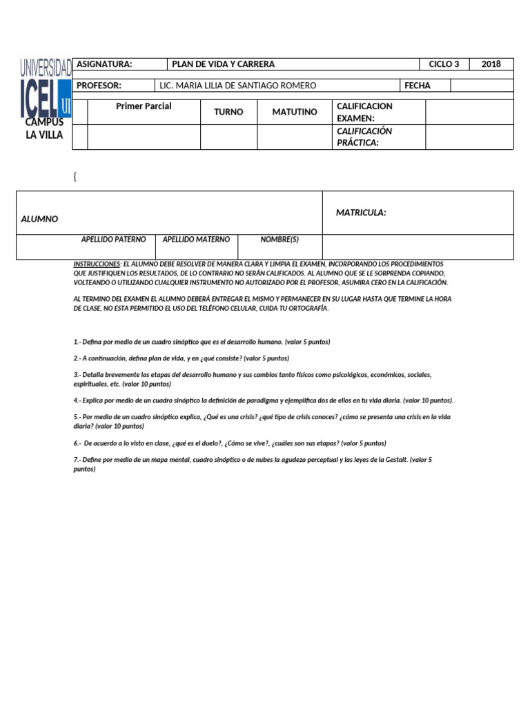 Examen de Desarrollo Humano y Plan de Vida | PDF | Sicología