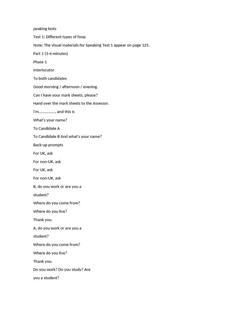 Speaking Test Guide: Topics & Prompts | PDF | Lunch