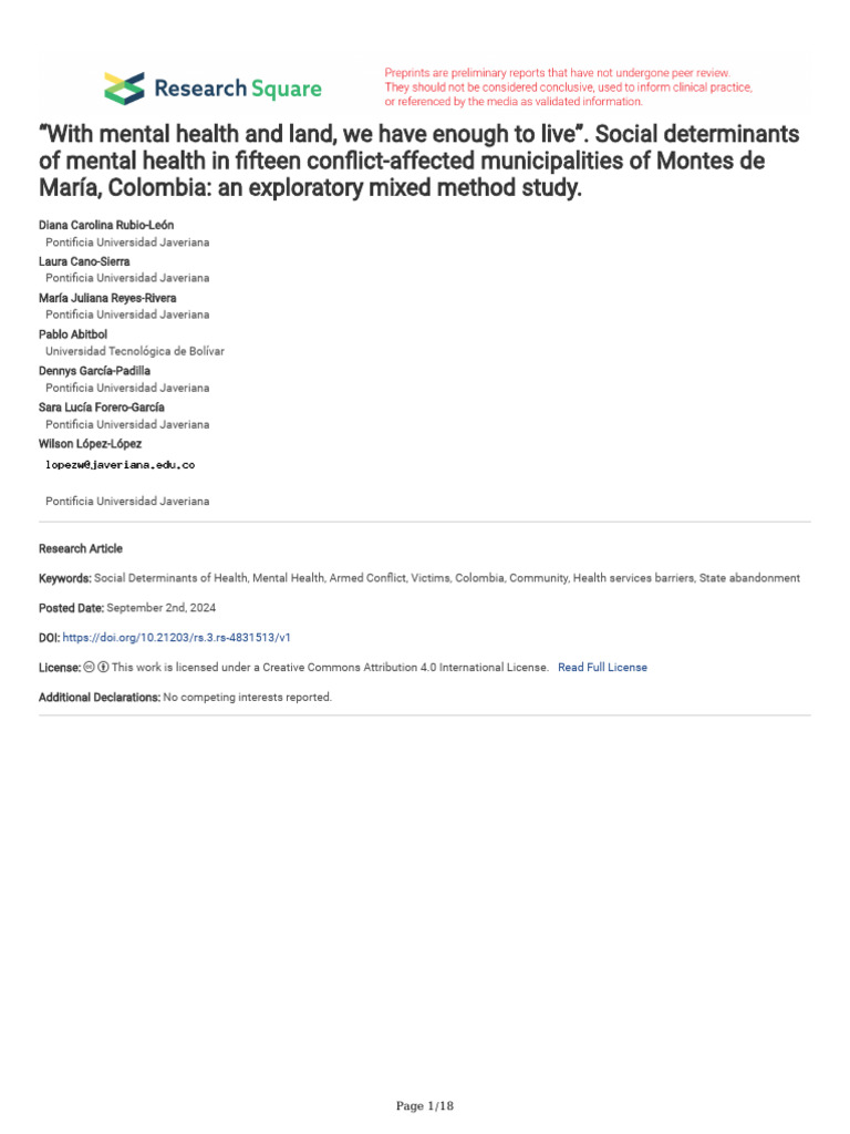 Social Determinants of Mental Health in Colombia | PDF | Mental ...