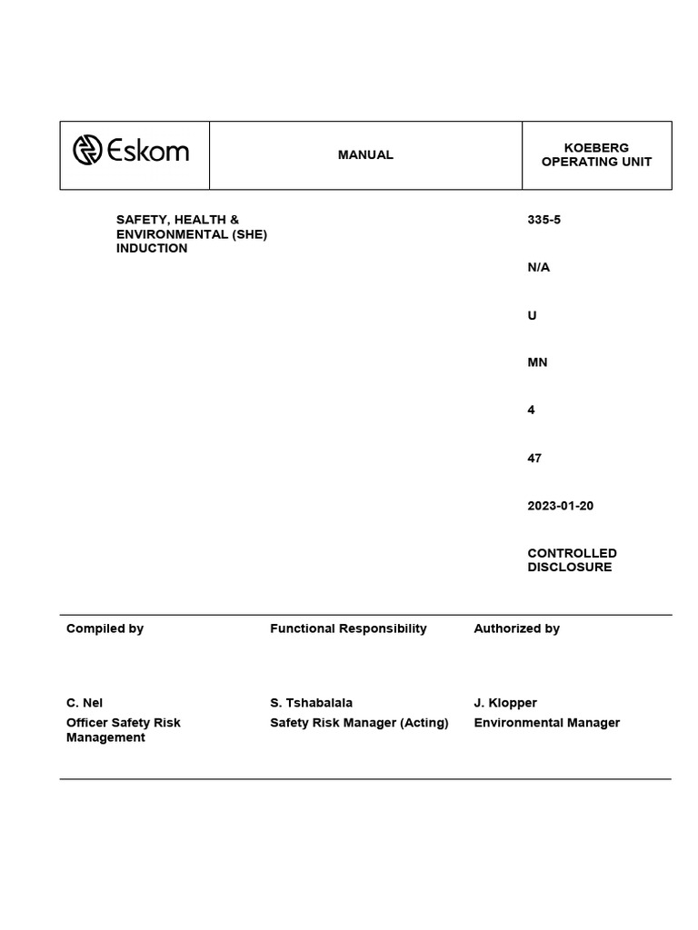 SHE Induction Manual for Koeberg Unit | PDF | Occupational Safety And ...