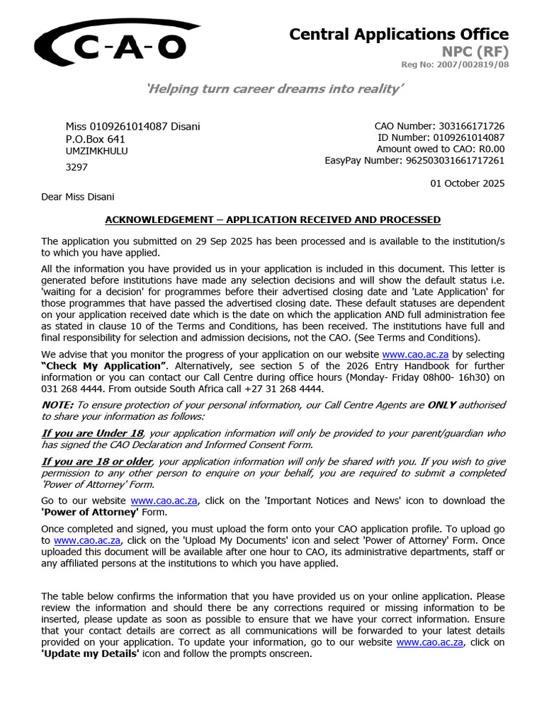 CAO Application Acknowledgment Letter | PDF