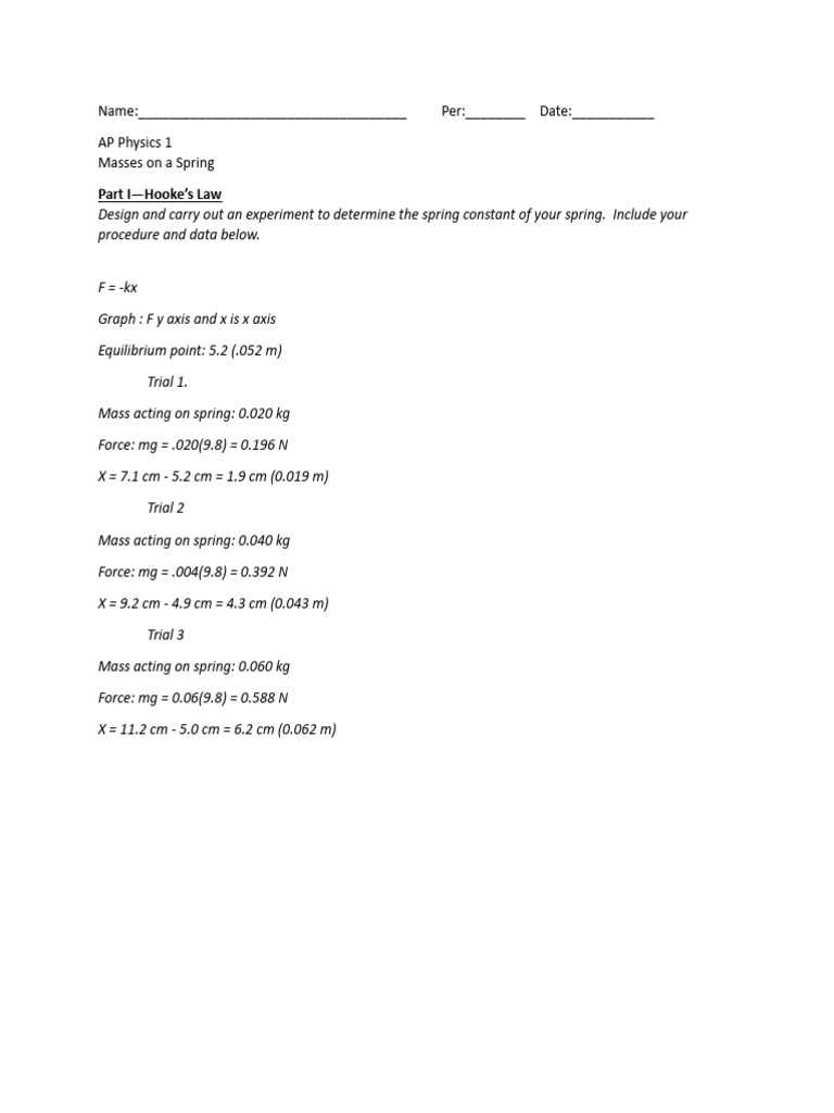 Hooke's Law Experiment: Spring Constant Analysis | PDF