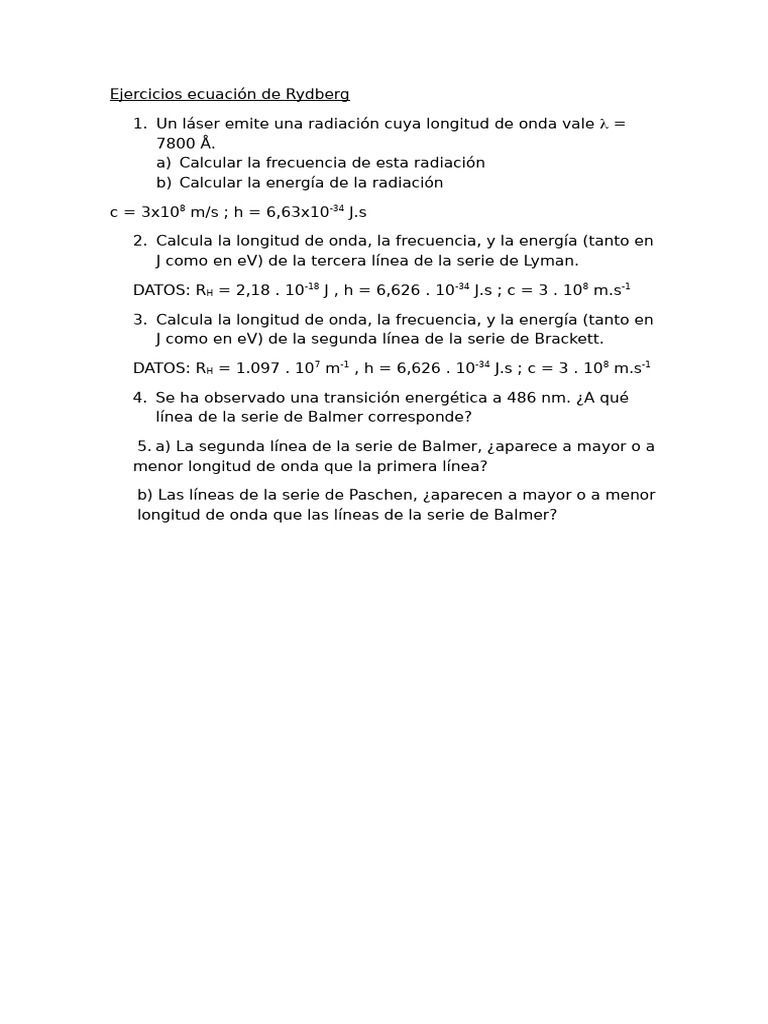 Ejercicios sobre la ecuación de Rydberg | PDF