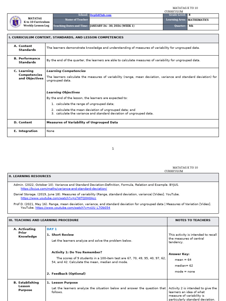 K-10 Math Weekly Lesson Log: Variability | PDF | Variance | Mean