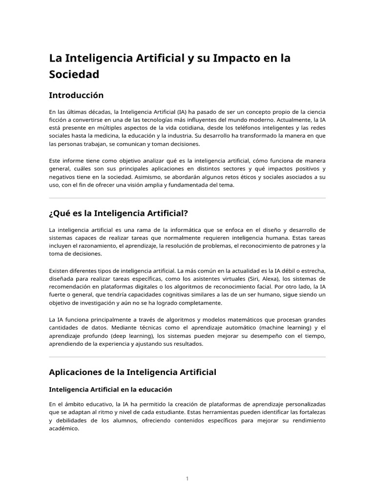 Impacto de la Inteligencia Artificial en la Sociedad | PDF ...