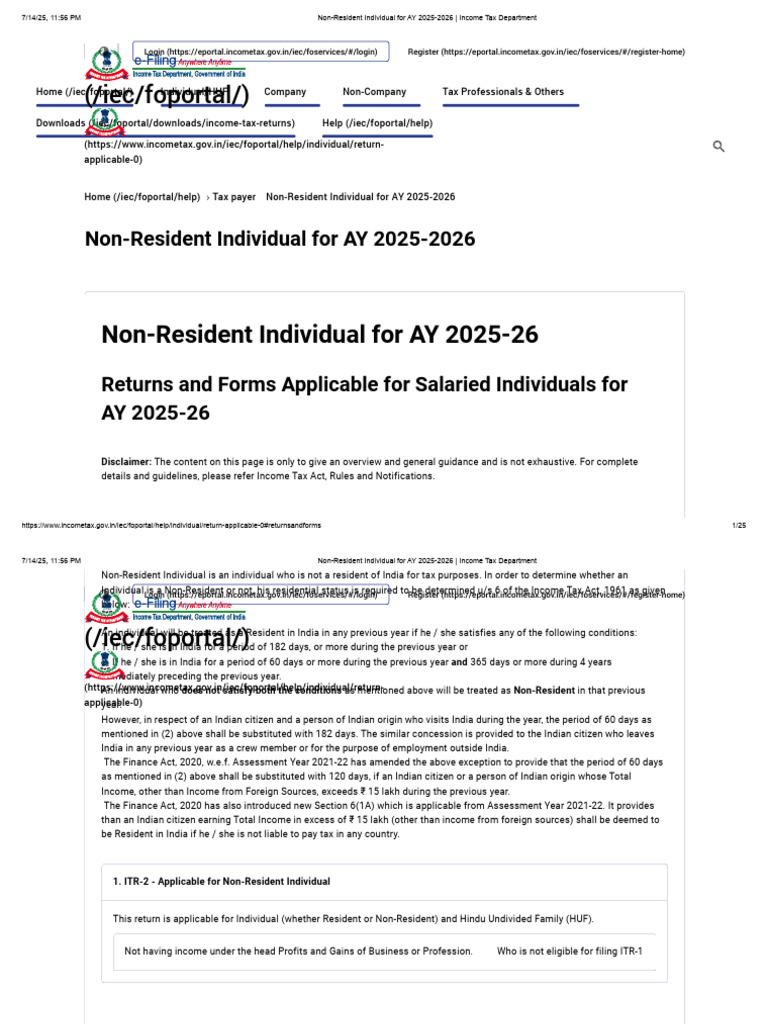 Non-Resident Individual for AY 2025-2026 _ Income Tax Department | PDF ...