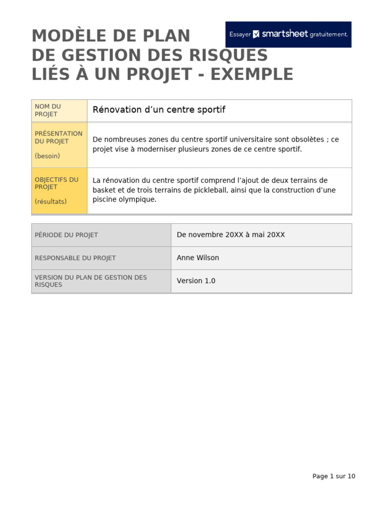 Plan de gestion des risques projet sportif | PDF | Risque | Gestion des ...