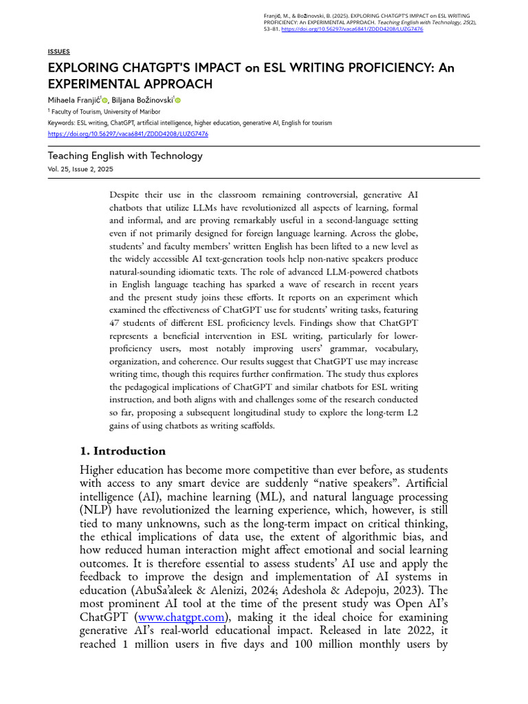 ChatGPT's Role in Enhancing ESL Writing | PDF | English As A Second Or ...