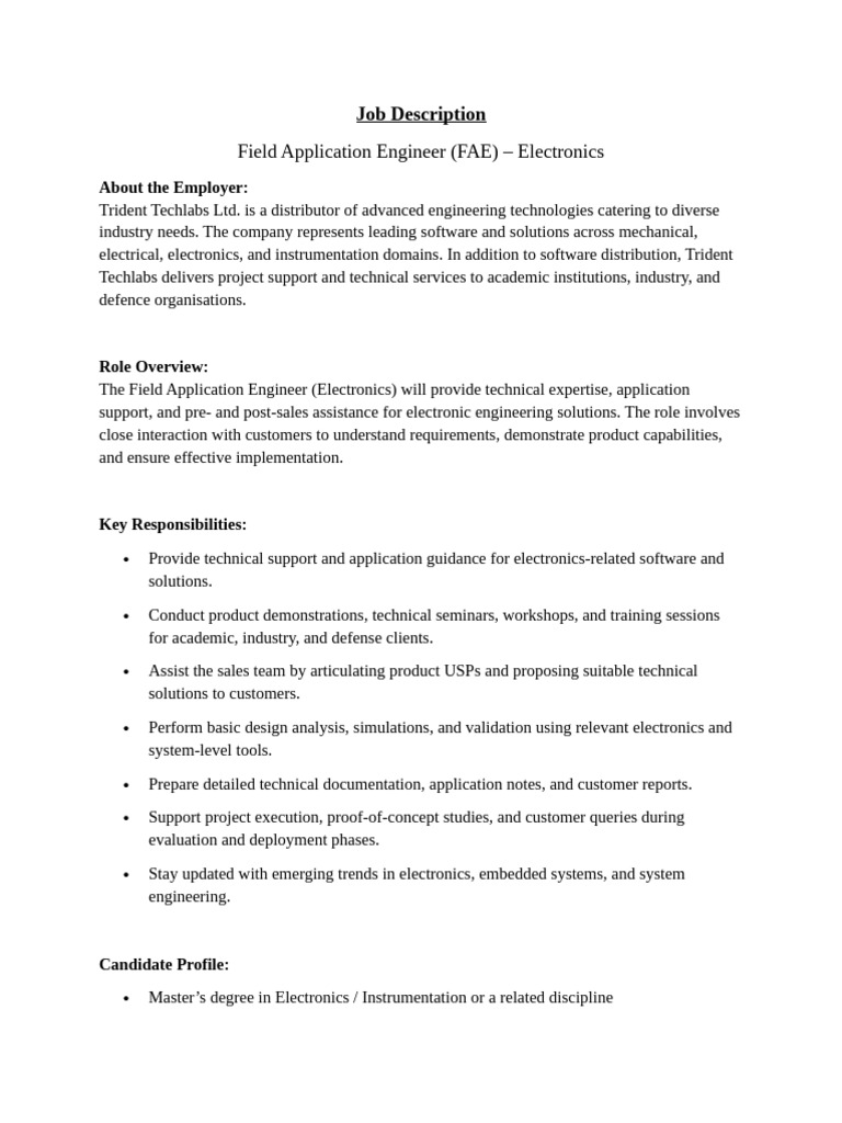 Field Application Engineer Job in Electronics | PDF
