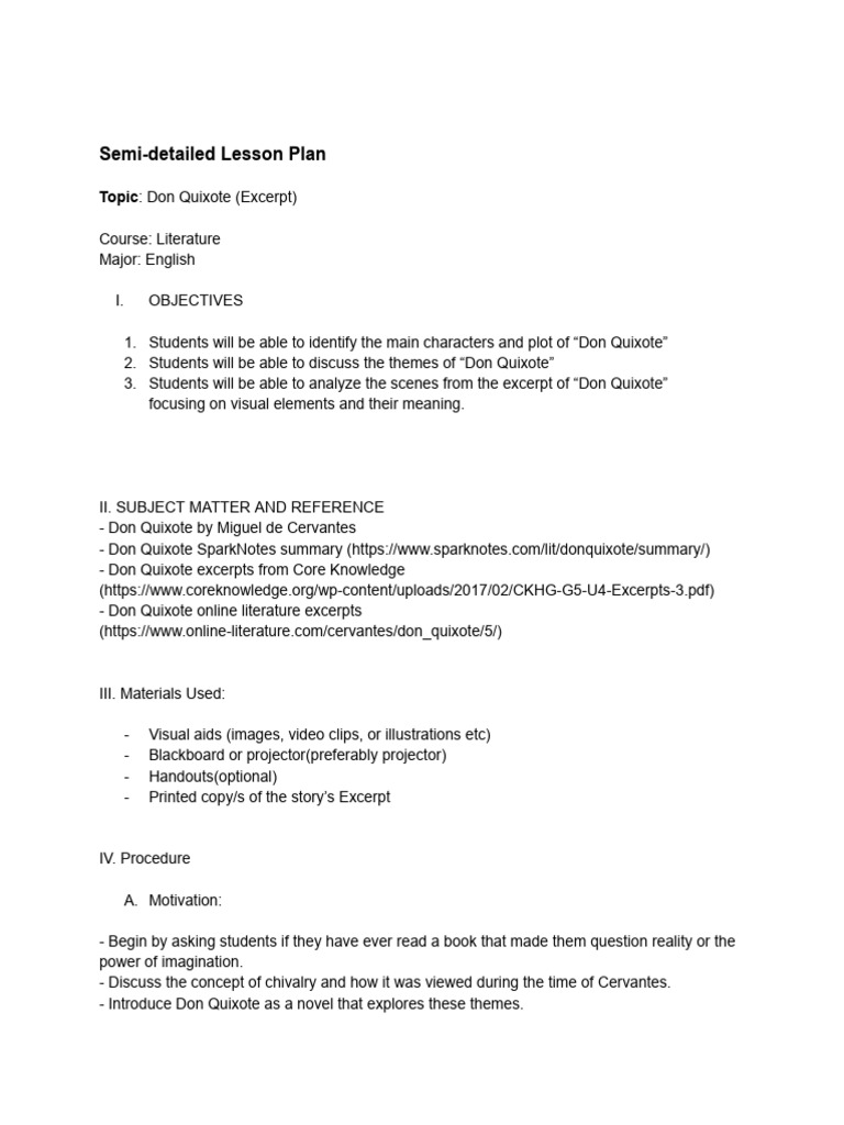 Don Quixote Lesson Plan for Literature | PDF | Don Quixote | Lesson Plan